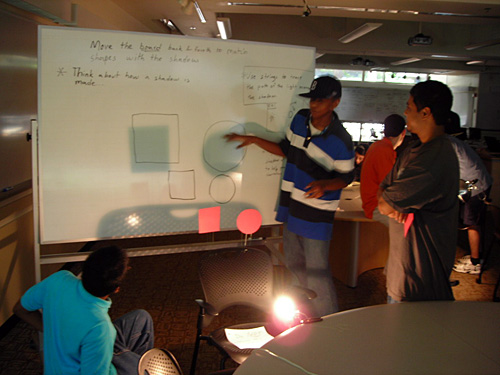 Students stand at a whiteboard in a darkened room looking at shadows of a square and circle projected on the whiteboard. 