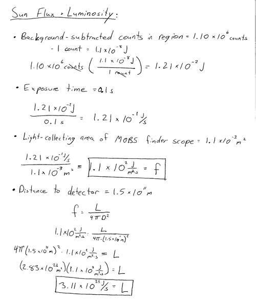 Handwritten notes about sun flux luminosity. 