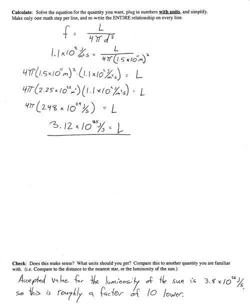 Handwritten problem set about sun luminosity. 