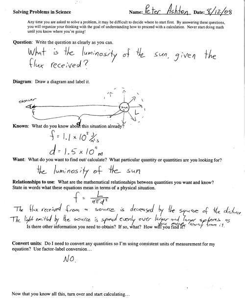 Handwritten problem set about sun luminosity. 
