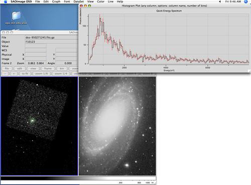 Screenshots showing a graph and black and white images of items in outer space. 