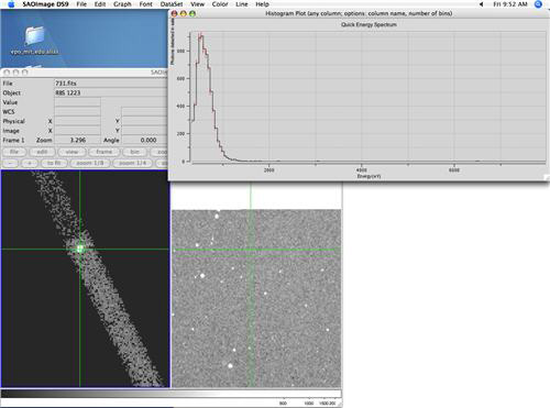 Screenshots showing data, a graph, and two images of outer space. 