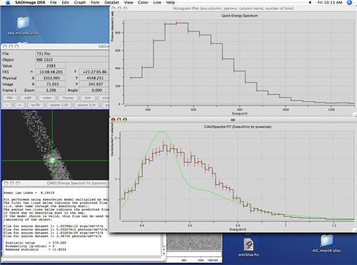 Screenshots of data, two graphs, and an image in outer space. 