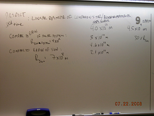 A photo of notes on a whiteboard that show calculations about linear diameter of blocking material. 