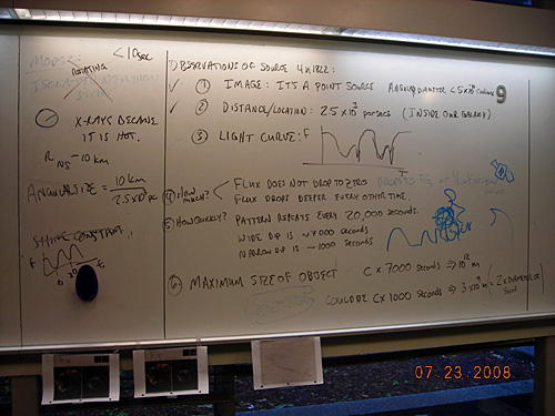 Notes on a whiteboard about observation of the source of 4u1822