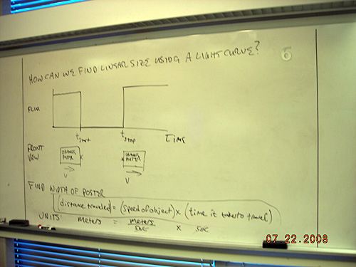 A photo of notes on a whiteboard about finding linear size using a light curve