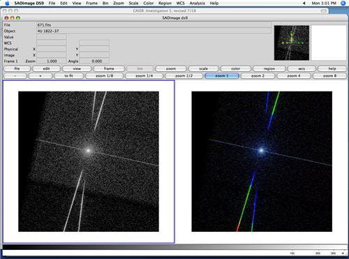 A screenshot of the true color of 4u1822. The image on the left contains a bright dot with two rays of light coming off of it to form an X. The second image is the same, except it's in color. 