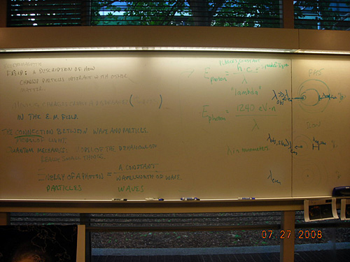 Handwritten notes on a whiteboard about how charged particles interact with other matter. 