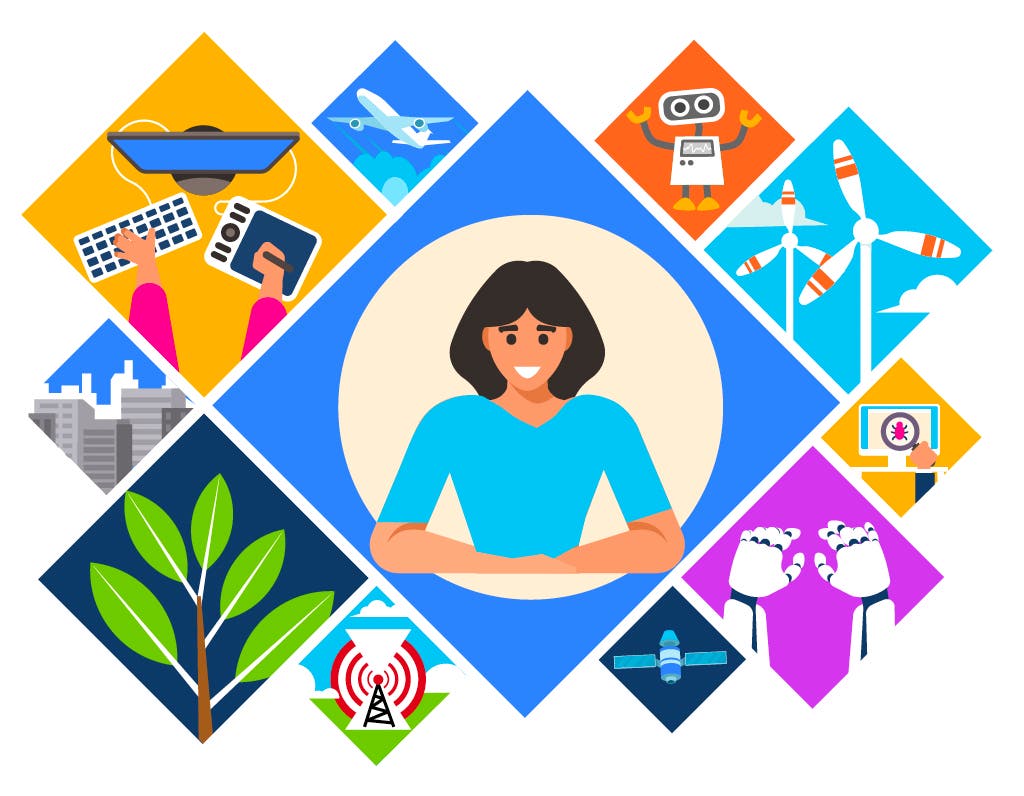Drawing of a person in a box, surrounded by other boxes depicting satellites, windmills, robots, computers, a plane, city buildings, and a tree.
