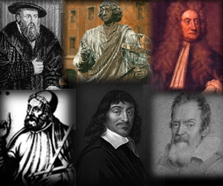 Collage of Kepler, Copernicus, Newton, Galileo, Descartes, and Ptolemy. (Clockwise from top left.)