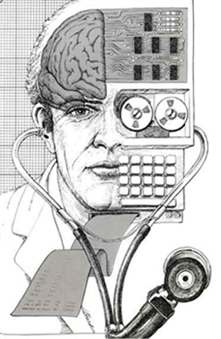 A strange collage of a doctor, a human brain, a stethoscope, a old reel-to-reel computer with a paper tape output coming from his neck.