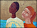 A photographA mural painted on a wall features a body of water in which an African-American boy and a Caucasian girl stand.  The image of a woman surrounded by children is next to them. of a pregnant woman, in a blue shirt, holds her belly.
